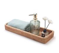 Rattan Bathroom Vanity Trays Toilet Tank Baskets Long Narrow Hand Towel Storage Basket for Storage, Decorative (Natural 16.3 x 6.1 x 2 inch)