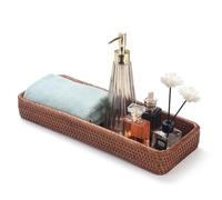 Rattan Bathroom Vanity Trays Toilet Tank Baskets Long Narrow Hand Towel Storage Basket for Storage, Decorative (Honey Brown 16.3 x 6.1 x 2 inch)