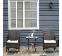 Rattan Bistro Set 3 Piece Table Arm Chairs Glass Top Cushions