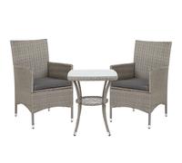 Rattan Bistro Set Grey 3pc PE Wicker, Tempered Glass Table, Cushions 60x60x90cm