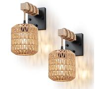 Rattan Boho Wall Sconces Set of Two, Hardwired Hand-Woven Farmhouse Wall Lamps with Wooden Arm & On/Off Dimmable Switch,Large Rustic Indoor Wall Mount Light Fixtures for Bedroom Nursery Bathroom