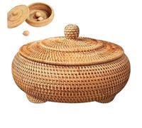 Rattan Box with Lid, 8.7inch Hand-Woven Round Wicker Basket, Multi-Purpose Desktop Decorative Box, Food Bread Table Storage Basket for Home Farmhouse Kitchen