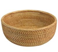 Rattan Bread Basket for Serving, Hand Woven Fruit Basket, Natural Wicker Basket for Bread, Snack, Fruit, Vegetable, Kitchen and Dinning Counter Organizing (Round-Medium)