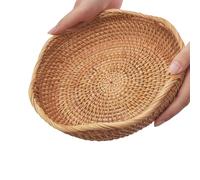 Rattan Bread Basket for Serving, Hand Woven Fruit Basket, Natural Wicker Basket for Bread, Snack, Fruit, Vegetable, Kitchen and Dinning Counter Organizing (Wave-Small)