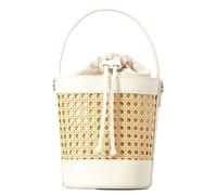 Rattan Bucket Bag for Women Straw Beach Bag Drawstring Crossbody Purse PU Leather Summer Shoulder Tote Bag Cute Hobo Bags, White, S