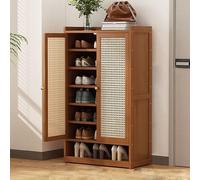 Rattan Cabinet with Adjustable Shelves and Hidden Shoe Storage - Rustic Oak Design for Stylish Organization