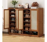 Rattan Cabinet with Adjustable Shelves and Hidden Shoe Storage - Rustic Oak Design for Stylish Organization