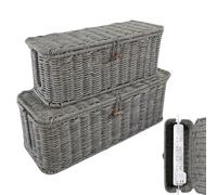 Rattan Cable Box, Power Strip Storage Holder, 2 Pack Organizer for Wires, Hand Woven Material Sturdy Detail, Cord Management Container with Lid, TV Computer Router USB Hub Use