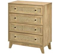 Rattan Chest of Drawers 4-Drawer Dresser Storage Cabinet Bedroom, Wood Effect