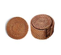 Rattan Coasters Set of 6pcs Handmade Woven Cup Coasters with Holder, Round Natural Rattan Cup Mats, for Weave Cup Mat Decorative Cup Holder for Kitchen Table Drinks