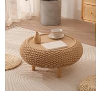 Rattan Coffee Table, Retro Round Side Table with Industrial Farmhouse Design for Living Room, Bedroom, Office
