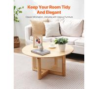VEVOR Round Rattan Woven Wood Coffee Table with Rubber Wood Top, 33 in Modern Boho Circular Storage Coffee Table with Natural Wood Legs, for Living Room, Bedroom & Small Spaces