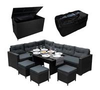 Rattan Corner Dining Set & Garden Storage Box Black 9-Seater L Sofa Stools Glass Table Large Cushion Furniture Chest 582L Outdoor Patio Steel Frame UV Resistant FREE Waterproof Carry Bag & Rain Cover