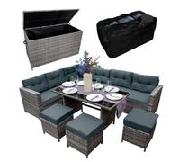 Rattan Corner Dining Set & Garden Storage Box Grey 9-Seater L Sofa Stools Glass Table Large Cushion Furniture Chest 582L Outdoor Patio Steel Frame UV Resistant FREE Waterproof Carry Bag & Rain Cover G