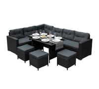 Rattan Corner Dining Set Outdoor Garden Furniture Black 9-Seater L Shape Sofa Stools Tempered Glass Table UV Protected Waterproof Grey Seat Back Cushions Patio Conservatory Lounge FREE Rain Cover