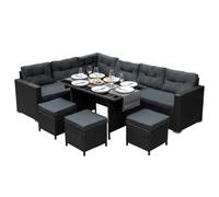 Rattan Corner Dining Set Outdoor Garden Furniture Black 9-Seater L Shape Sofa Stools Tempered Glass Table UV Protected Waterproof Grey Seat Back Cushions Patio Conservatory Lounge FREE Rain Cover