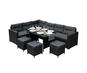 Rattan Corner Dining Set Outdoor Garden Furniture Black 9-Seater L Shape Sofa Stools Tempered Glass Table UV Protected Waterproof Grey Seat Back Cushions Patio Conservatory Lounge FREE Rain Cover
