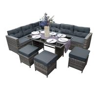 Rattan Corner Dining Set Outdoor Garden Furniture Grey 9-Seater L Shape Sofa Stools Tempered Glass Table UV Protected Waterproof Grey Seat Back Cushions Patio Conservatory Lounge FREE Rain Cover