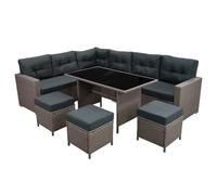 Rattan Corner Dining Set Outdoor Garden Furniture Grey 9-Seater L Shape Sofa Stools Tempered Glass Table UV Protected Waterproof Grey Seat Back Cushions Patio Conservatory Lounge FREE Rain Cover