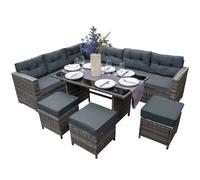 Rattan Corner Dining Set Outdoor Garden Furniture Grey 9-Seater L Shape Sofa Stools Tempered Glass Table UV Protected Waterproof Grey Seat Back Cushions Patio Conservatory Lounge FREE Rain Cover Grey