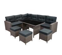 Rattan Corner Dining Set Outdoor Garden Furniture Grey 9-Seater L Shape Sofa Stools Tempered Glass Table UV Protected Waterproof Grey Seat Back Cushions Patio Conservatory Lounge FREE Rain Cover Grey