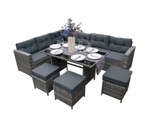 Rattan Corner Dining Set Outdoor Garden Furniture Grey 9-Seater L Shape Sofa Stools Tempered Glass Table UV Protected Waterproof Grey Seat Back Cushions Patio Conservatory Lounge FREE Rain Cover