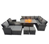 Rattan Corner Sofa Chair Set Gas Fire Pit Table with 4 Footstools Fimous Dark Grey One Size