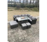 Fimous Rattan Corner Sofa Set Gas Firepit Dining Table Set Patio Heater Burner With Big Footstool Dark Grey Mixed 9 Seater