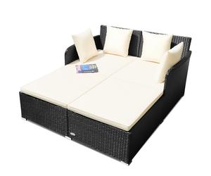 Rattan Daybed Outdoor Furniture w/ Spacious Seat & Upholstered Cushion