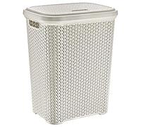 Rattan Design Plastic Laundry Hamper Storage Basket 55L With Lid (Cream)