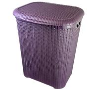 Rattan Design Plastic Laundry Hamper Storage Basket 55L With Lid (Purple)