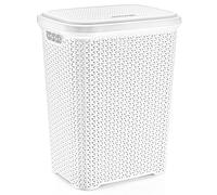 Rattan Design Plastic Laundry Hamper Storage Basket 55L With Lid (White)