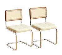 Rattan Dining Chairs Set Of 2,Mid Century Modern Kitchen & Dining Room Chair With Cane Backrest,Comfy Leather Upholstered Accent Desk Chair With Metal Legs(23.83"D x 16.35"W x 34.07"H, White)