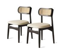Rattan Dining Chairs Set of 2, Modern Leather Kitchen Chairs, Solid Wood Frame for Dining Room and Office, Black Khaki Finish