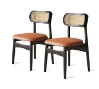 Rattan Dining Chairs Set of 2, Modern Leather Kitchen Chairs, Solid Wood Frame for Dining Room and Office, Black Khaki Finish