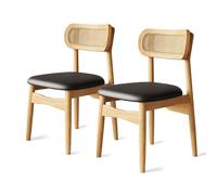 Rattan Dining Chairs Set of 2, Modern Leather Kitchen Chairs, Solid Wood Frame for Dining Room and Office, Black Khaki Finish