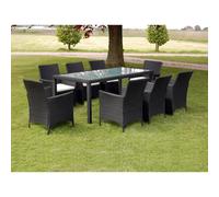 Rattan dining set 8-seater Black with 190x90cm glass table & cushions steelframe