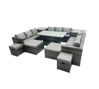 Rattan Dining Table Sofa Set with 2 Side Tables Stools Outdoor 13 Seat Fimous Dark Grey One Size