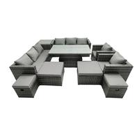 Rattan Dining Table Sofa Set with Side Table 4 Stools Outdoor 12 Seat Fimous Dark Grey One Size