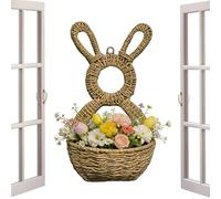Rattan Easter Bunny Basket - Woven Door Wall Pocket, Handmade Easter Basket Decor, Farmhouse Rustic Holiday Decoration, Hanging Bunny Baskets for Home Outdoor Indoor Fence Entryway Living Room Balcony