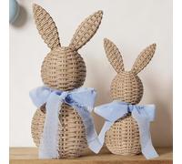 Rattan Effect Resin Bunnies with Light Green Bow 2-Pcs Large & Small, Easter Decorations Bunny Figurines Set, Farmhouse Spring Table Centerpiece Decor for Home Wedding Gift (Blue Bow)