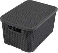 Rattan Effect Storage Handy Basket Box Plastic With Lid Kitchen Bathroom Stackable Organize Decorative (Anthracite, 7L (285 x195 x129mm))