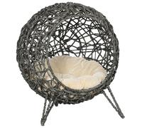 PawHut Rattan Elevated Cat Bed House Kitten Basket Ball Shaped Pet Furniture w/Removable Cushion - Silver-Tone and Grey