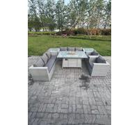 Rattan Fire Pit Garden Furniture Set Gas Heater Burner Lounge Sofa Dining Set 2 Side Coffee Table Fimous Light Grey One Size