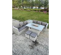 Rattan Fire Pit Set Gas Heater Burner Lounge Sofa Dining Table With Side Coffee Table 2 pc Stool Fimous Light Grey One Size