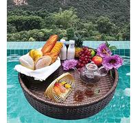Rattan Floating Tray for Food and Drinks Round Floating Serving Trays Table (Brown 80X80X15CM)
