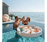 Rattan Floating Tray, Round Floating Serving Trays Table Bar Rattan Woven Floating Food Tray, Pool Serving Trays for Swimming, Sandbars, Spas, Bath, Parties Serving,White