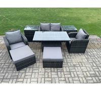 Rattan Furniture Outdoor Garden Dining Sets Patio Height Adjustable Rising lifting Table Love Sofa With Stools Fimous Dark Grey One Size