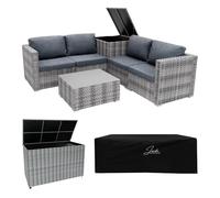 Rattan Garden Corner Furniture Set & 2 Storage Boxes 700L 250L Outdoor Premium 6 PC Grey 4 Seater Modular Sofa Cushions Table Metal Frame Patio Waterproof Lining Chest Gas Lift Wheels FREE Rain Cover