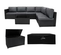 Rattan Garden Corner Furniture Set & 700L Storage Box Outdoor Premium 7 PC Black 5 Seater Modular Sofa Cushions Table Metal Frame Patio Seat Waterproof Lining Chest Gas Lift Lid Wheels FREE Rain Cover